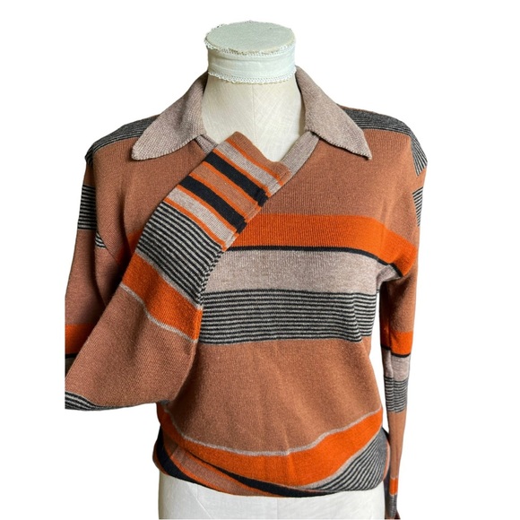 Vintage 70s Campus Knit Striped Collared V-Neck Long Sleeve Sweater Brown - Picture 6 of 10